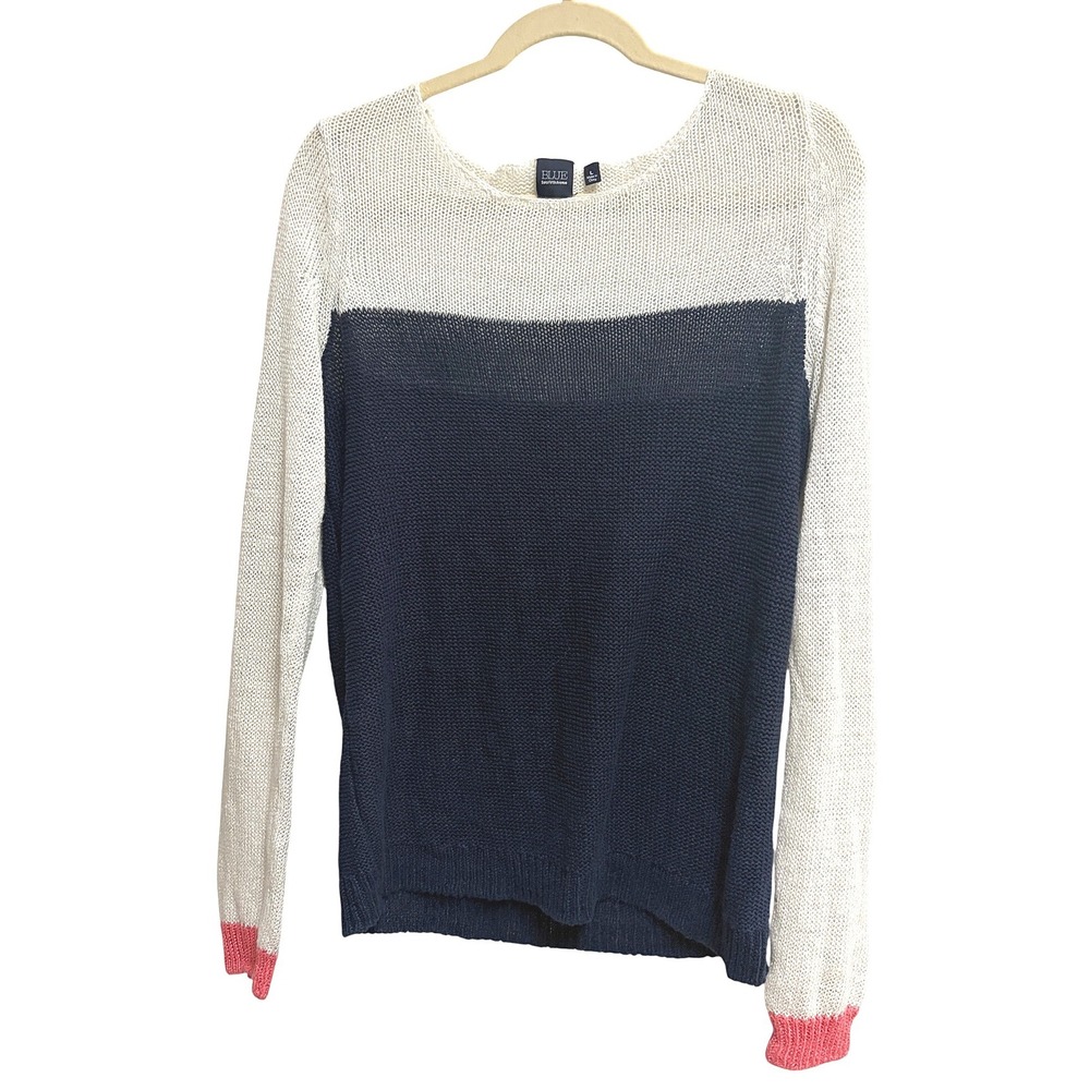 Blue Saks Fifth Avenue Colorblock Linen Sweater Navy Cream Pink Large